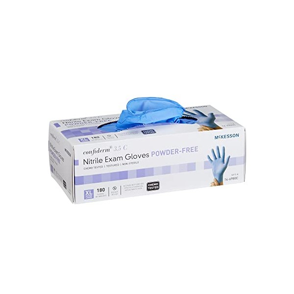 McKesson Confiderm 3.5C Nitrile Exam Gloves - Powder-Free, Latex-Free, Ambidextrous, Textured Fingertips, Chemo Tested, Non-Sterile - Blue, Size XL, 180 Count, 1 Box