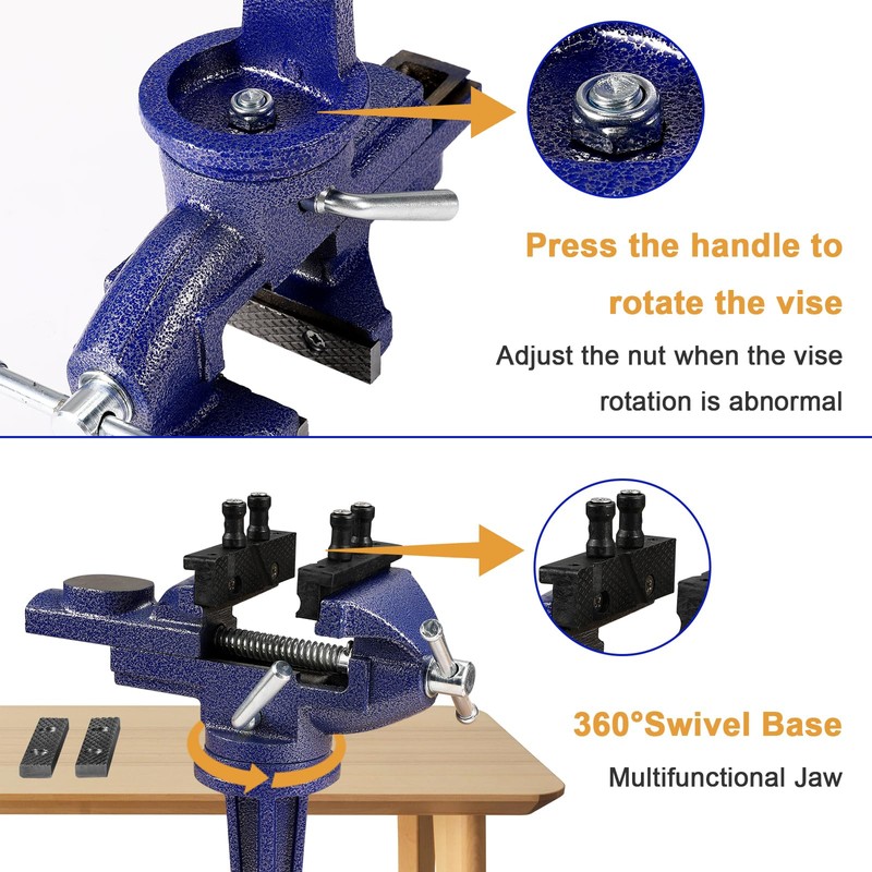 Table Vise, 3" Bench Vise Universal Rotate 360° Work Clamp-On