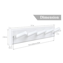 horkmous 2Pcs Wood Coat Rack Wall Mounted, 16'' Hole to Hole Wooden Peg Rail for Wall Hangers, 5 Pegs Bamboo Wall Hook for Hanging Towels Hats Robes Clothes Keys, White