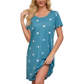 ENJOYNIGHT Womens Cotton Nightgown Short Sleeves Night Dress Print Sleep Shirt(X-Large, Blue Heart)