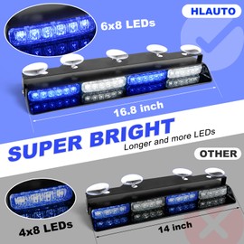 HLAUTO 6Z4J Emergency Dash Strobe Lights: 2x16.8 inch Blue White Safety Lights, 48 LED Flashing Warning Hazard Interior Windshield Visor Traffic Light Bar for Trucks, Construction Vehicles