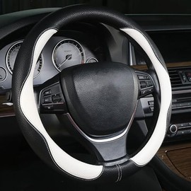 New Sporty Car Steering Wheel Cover for Men Women,Universal Fit Line Shape 14"/15"/16" PU Leather Anti-Slip Steering Wheel Covers for Trucks, Pickup, SUV (Black&White, Standard(14'' 1/2''-15''))
