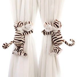 1 Pair Cartoon Curtain Tiebacks Drapery Holdbacks Cute Plush Animal Elastic Button Curtain Clip Buckle for Living Room Bedroom Nursery Room (Tiger)
