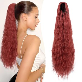 Benehair Hair Extensions Ponytail, 32 Inch Long Wine Red Drawstring High Puff Ponytail Extension for Women, Curly Wavy Synthetic Hairpieces Ponytail Hair Extensions for Daily Use (32", #531 Wine Red)