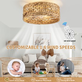 DARYEWO Handwoven Boho Ceiling Fan with Light,Rattan Caged Ceiling Fans with Lights and Remote Control Flush Mount Low Profile Enclosed 6 Speeds Fandelier for Bedroom,Living Room,Dining Room,4-Light