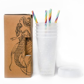 Aztec Sky Color Changing Cups | 5 Reusable Cups, Lids and Straws | Iced Coffee Tumblers | 24 oz Cold Cups (Confetti)