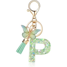 Frundoo Key Chain Letter Keyring Girl Keyring with Initial Letter Green Key Ring Butterfly Gifts for Women, Letter P