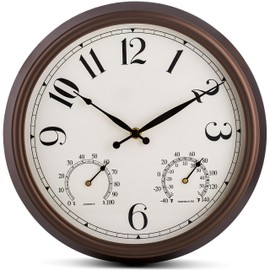 Bernhard Products Indoor/Outdoor Wall Clock Bronze 13 Inch Silent Non Ticking with Temperature & Humidity Gauge Weather Thermometer & Hygrometer Combo Battery Operated - Kitchen Living Room Patio