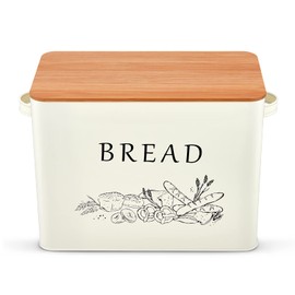 P&P CHEF Bread Box for Kitchen Counter, Metal Bread Storage Bin with Wooden Cutting Lid, Large Capacity for Holding 2+ Loaves, Retro Modern Style, Size 13” x 7.2” x 9.7”, Cream