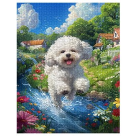 Tucocoo Country Village Bichon Jigsaw Puzzles for Adults 1000 Pieces, Flower Garden River Dog Running Art Puzzle Colorful DIY Puzzles for Home Decoration Gifts, Family Puzzle Perfect for Game Nights