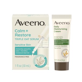 Aveeno Calm + Restore Triple Oat Hydrating Face Serum for Sensitive Skin, Hypoallergenic & Fragrance Free Facial Serum, 1 fl. Oz & Trial Size Daily Moisturizing Cream for Body, Face, & Hands, 0.8 oz