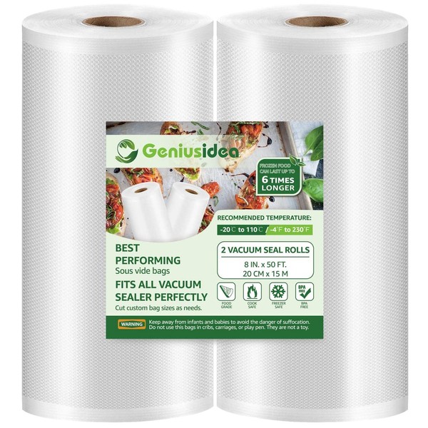 Geniusidea Vacuum Sealer Bags 8''x50' 2 Pack for Food Saver, Seal a Meal, BPA Free, Commercial Grade, Custom Fit Food Saver Bags Rolls for Sous Vide, Meal Prep, Vac Storage (100 Feet in Total)