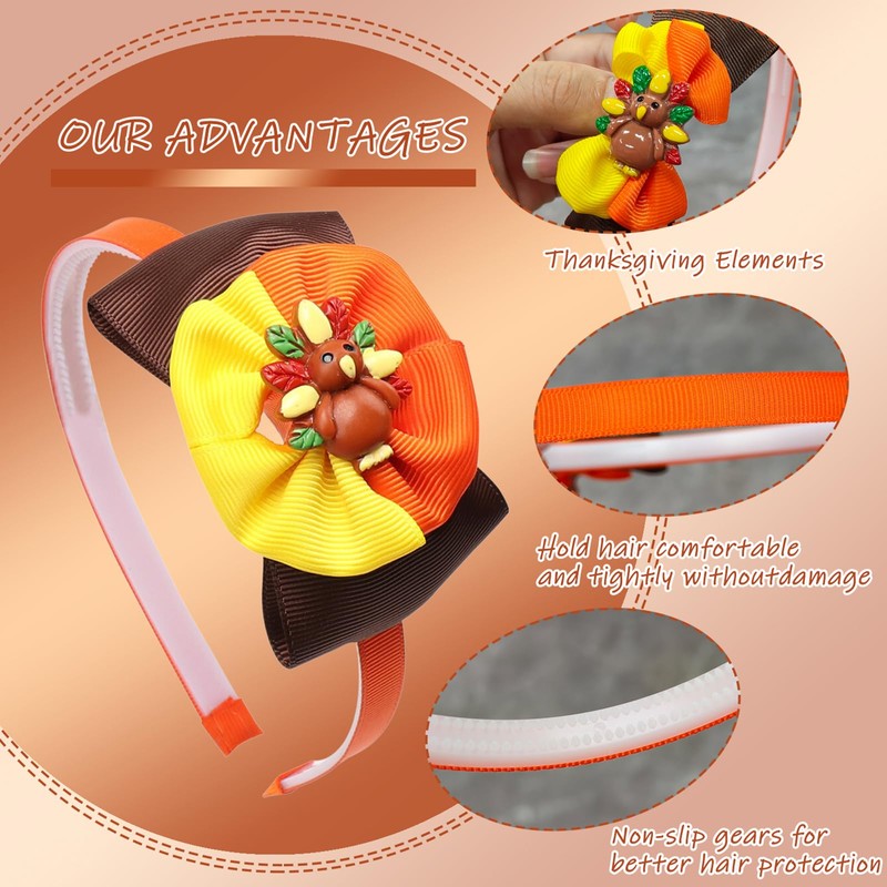 Comdoit Thanksgiving Bow Headband Turkey Hairband Fall Bowknot Turkey Design