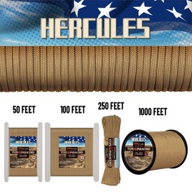 HERCULES Type III Paracord 550 Paracord Rope Parachute Cord, 50' Desert Tan Paracord for Camping Rope, Survival Rope