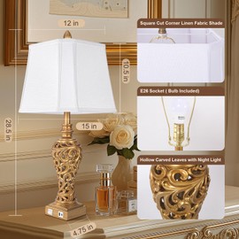 Vintage Table Lamps Set of 2, 28.5'' Tall Antique Gold Bedside Lamps with Fabric Shades, USB A+C Charging Ports & Night Light, Farmhouse Nightstand Lamps for Bedroom Living Room Office (Bulb Included)