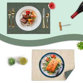 SUEH DESIGN Leather Placemats Set of 6 Reversible Table Mats Heat Resistant Waterproof No-Slip Place Mats for Dining Table Kitchen Parties, Dark Green and Beige