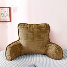BYTIDE Art Velvet Backrest Reading Bed Rest Pillow with Arms and Pockets 18" H for Sitting in Bed Couch Sofa, Back Support Wedge Cushion with Removable Cover, 20" x 18" x17", Brown