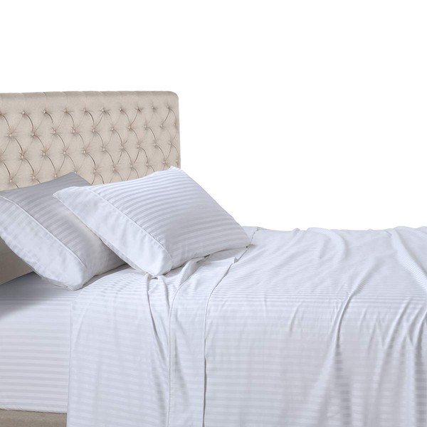 Royal Hotel Stripe Sheets - 600 Thread Count - 4PC Bed Sheet Set - 100% Cotton - Sateen Stripe, Deep Pocket, King Size, White