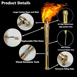 Torch Lighter, Upgraded Long Handle Trench Lighter Fluid Refillable with Visible Fuel Tank, Windproof Vintage Lighter with 5pcs Flint Stone, Cool Kerosene Lighter for Outdoor Camping Collection Gifts