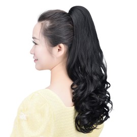 HSPCYGG Black Clip Ponytail Synthetic Fake Pony Tails 22" 5.3 OZ Wavy Black Hair Extensions Hairpieces Wig Yaki Fluffy¬ Tangled
