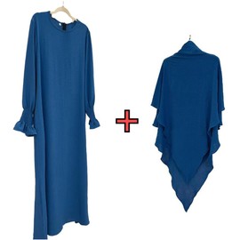 Women Prayer Dress Muslim Ramadan Garment Abaya Dubai Islam 2 Piece Set Layered Khimar Scarf Hijab and Long Dress Peacock Blue