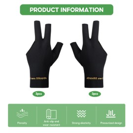 HXSYKJDM 3 Pair Generic Anti Slip Billiard Glove, Snooker Glove, Fingers Show Gloves, Gloves Billiard Accessories, Pool Glove Fits on Left Hand for Men Women