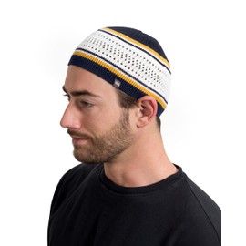 Kufi - Marcapáginas musulmanes de algodón transpirable y elástico para hombres en diseños geniales - Forro de casco, Azul marino y blanco con rayas doradas, One Size