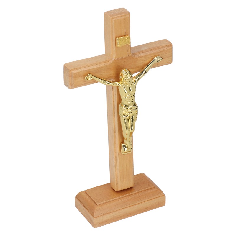 Crucifix Table Cross Hand Crafted Light Brown Durable Beech Metal