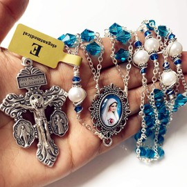 Elegantmedical - Collar con cuentas de cristal Bule y perlas AAA10 mm, rosario católico, crucifijo
