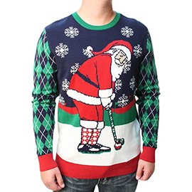 The Ugly Sweater Co. Mens Sports Golf Sports Ugly Christmas Sweater for Holiday Fun Design, Snug Fit Breathable Crewneck (Moonlight Winter Golf Santa, XX-Large)