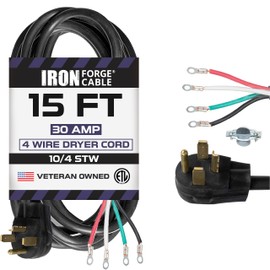 Iron Forge Cable 4 Prong Dryer Cord 15 ft, Black 10/4 NEMA 14-30 Plug 30 Amp Extension Cord 15 Foot for Dryer & EV with Ring Terminals, 125V/250V SRDT