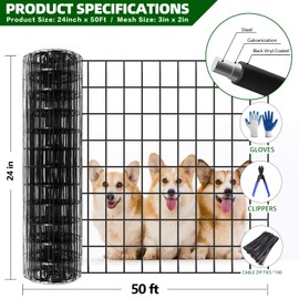 GILPWA Welded Wire Fence, 50ft(L) x 24inch(H) Garden Fence for Dog, 2 Inch x 3 Inch 16GA Fencing for Chicken, PVC Coated Anti-Rust Roll Metal Wire Mesh Fence for Yard Vegetable, Black