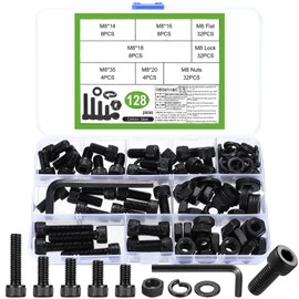 Pack of 128 M8 Screws Set, Cylinder Head Screws Nut Sets, Black Hex Screws Set and Washers, Hex Socket Screws with Nuts, Machine Screws Assortment (128 M8)