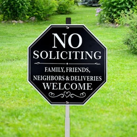 No Soliciting Sign for House, 10"x10" Aluminum Yard Sign with 28" Metal Stake - Funny No Soliciting Sign for Front Door, Driveway, or Lawn（Family Friends Welcome）