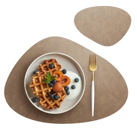 RENMTURE Faux Leather Placemats Set of 4,with 4 Cup mat,Washable, for Kitchen Dining Table,Restaurant,Coffee Shop (Mud Brown,Oval)