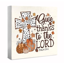 WXHUM Vintage Pumpkin Fall Christian Desk Decor, Fall Pumpkins Tiered Tray Decor for Kitchen Bathroom Office, Autumn Harvest Thanksgiving Decorations, Give Thanks to the Lord Wood Sign, 5x5 inch