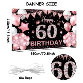60th Birthday Backdrop Banner,BTZO Happy 60th Birthday Decorations,Rose Gold and Black Birthday Fabric Photo Backdrop Background for Men Women 60th Birthday Anniversary Party Decor,180×110cm