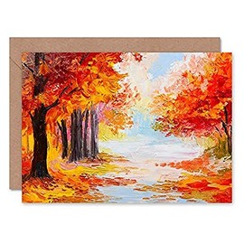 Fine Art Prints CLDT0182 Autumn Forest Landscape Greeting Card With Envelope Inside Premium Quality,Orange|oak|beige|brown,12.5 x 17.5 cm