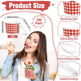Tessco 100 Pack 12oz Ice Cream Cups Gingham Snack Bowls Black and White Party Supplies Black and White Plates Black and White Gingham Bowls for Hot Soup Snacks Fruits(Red)