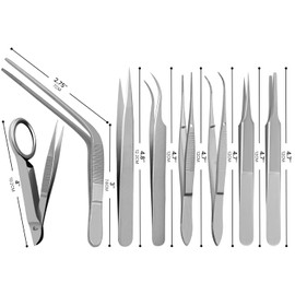 Splinter Forceps - Fine Point - Tweezers Stainless Steel Straight & Curved (Set of 8 Pcs W Magnifying Glass)