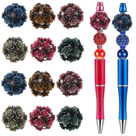 BROVITI 12Pcs 20mm Flower Ball Beads for Beadable Pens Colorful Rose with Diamond Beads Polymer Clay Flower Beads Large Spacer Beads Craft Beads for Jewelry Bracelet Necklace Earrings Keychain Making
