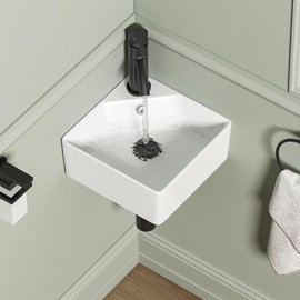 Wall Mount Corner Bathroom Sink, QISHKA 12" X 12" Square Floating Ceramic Wash Hand Basin Small White Wall Mount Vanity Sink with Single Faucet Hole and Overflow