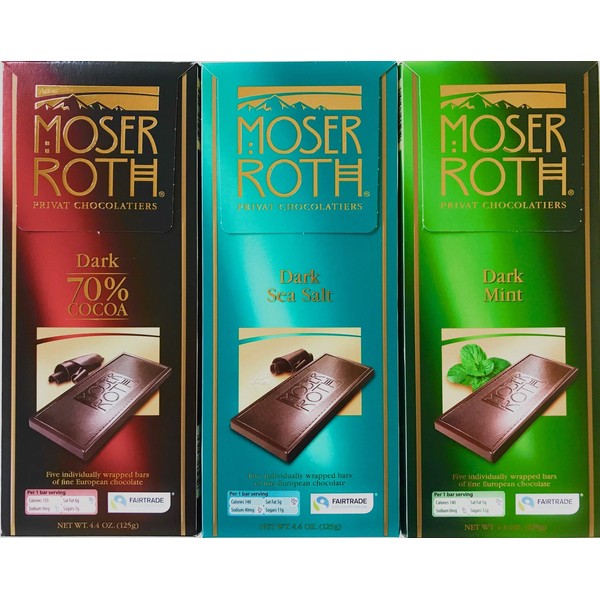 German Dark Chocolate Bundle of 3 Varieties. Moser Roth Dark Sea Salt, 70% Cocoa and Dark Mint Pack of 3. Low Sugar Gourmet Candy Bars. Good for the Waist Line and Chocolate Lovers! From Germany!