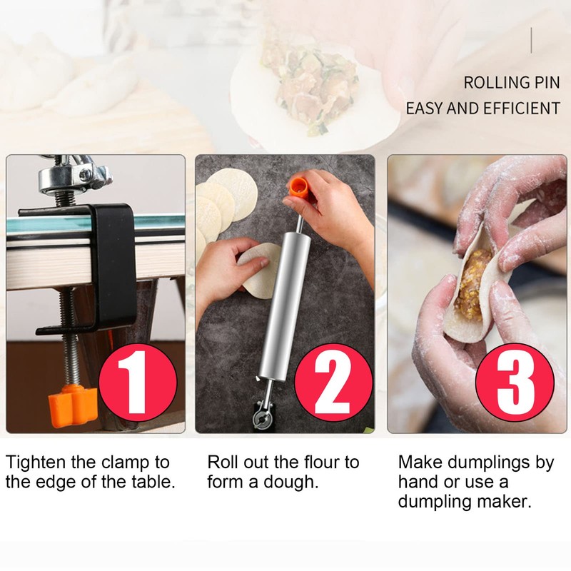 Stainless Steel Rolling Pin, Desktop Clip On Dough Roller 360