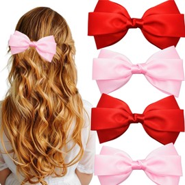 4PCS Satin Hair Bows for Girls, 4.5in Big Hair Bows Pink Alligator Clip for Women Hair Ribbon Red Bow Clips Hair Barrettes Accessories (Red, Pink)