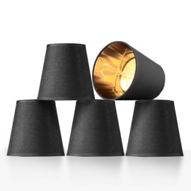 Black Chandelier Shades with Gold Lining Hardback, 4" Top x 6" Bottom x 6" High Lampshade, 4x6x6 Inches Perfect Fit for 5-Light Pendant Light Wall Sconce, Clip On Bulb E12 Socket(Large Size, Pack 5)