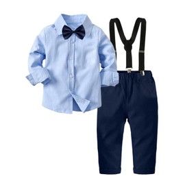 ARTMINE - Ropa para niños pequeños, trajes de boda para caballeros, camisa de vestir formal, pajarita, chaleco, pantalones, Suspender/ 1# Azul, 6-7 Años