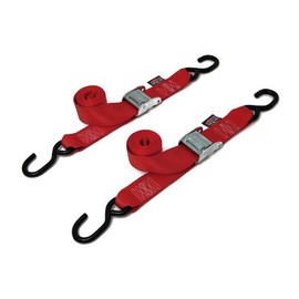 PowerTye 2in x 5.5ft Cam Buckle Tie-Down with S-Hooks - 600 lb. Working Load Limit / 1,800 lb. Breaking Strength - Made in USA - Red (Pair)