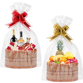 SelfTek Hamper Basket, 2 Set Hamper Baskets for Gifts Empty, Woven Bamboo Gift Basket Kit with Wrap Bags, Raffia and Pull Bows, Baskets to Make Hampers for Baby Shower, Birthday, 30 x 20 x 15 cm