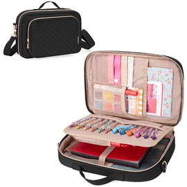 Teamoy Journal Supplies Storage Case, Journal Supplies Holder with Detachable Pen Slots and Shoulder Strap, Travel Organizer for B5 Notebooks, Planner, Pens, Journal Supplies, Black